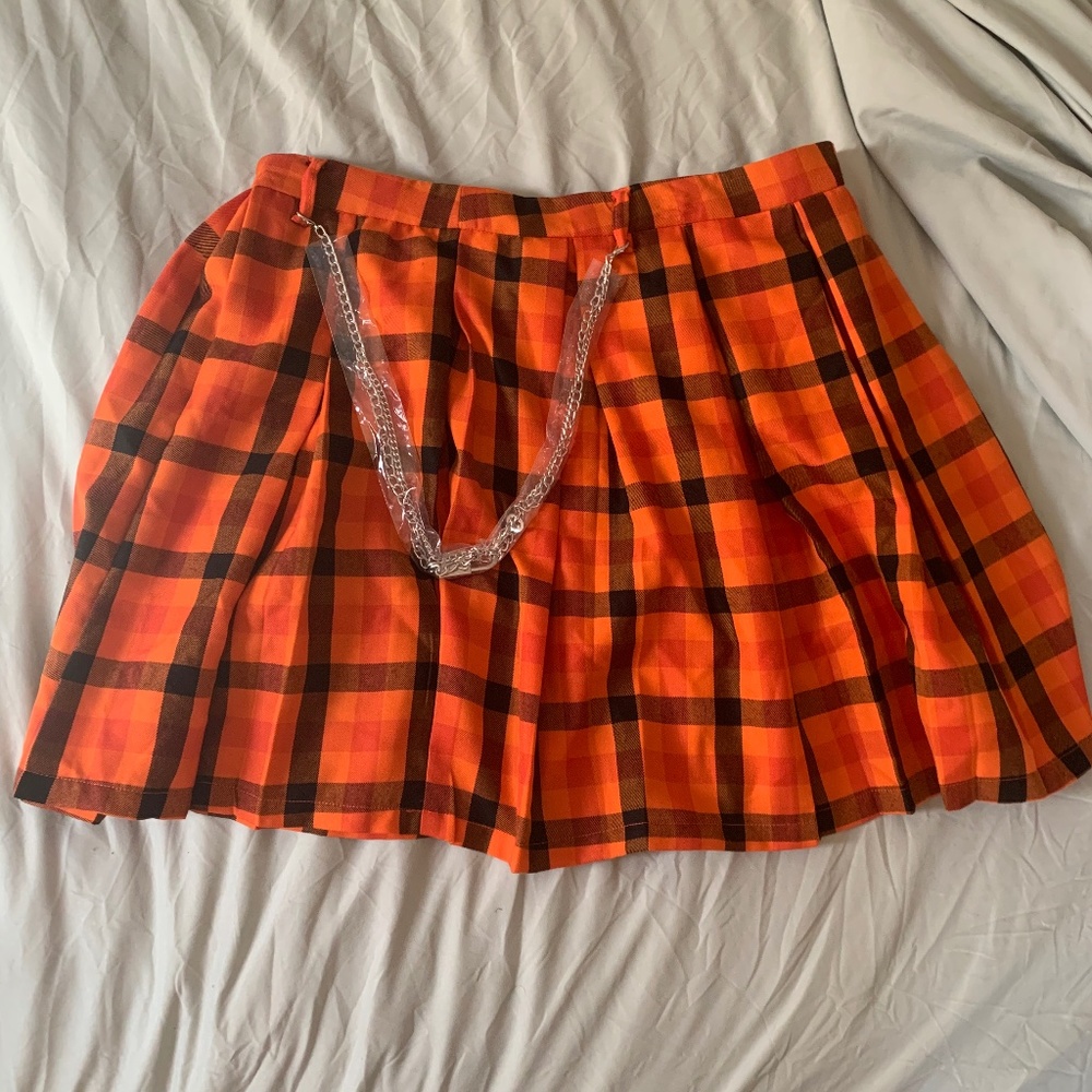 Hot Topic Orange Pleated Plaid Skirt